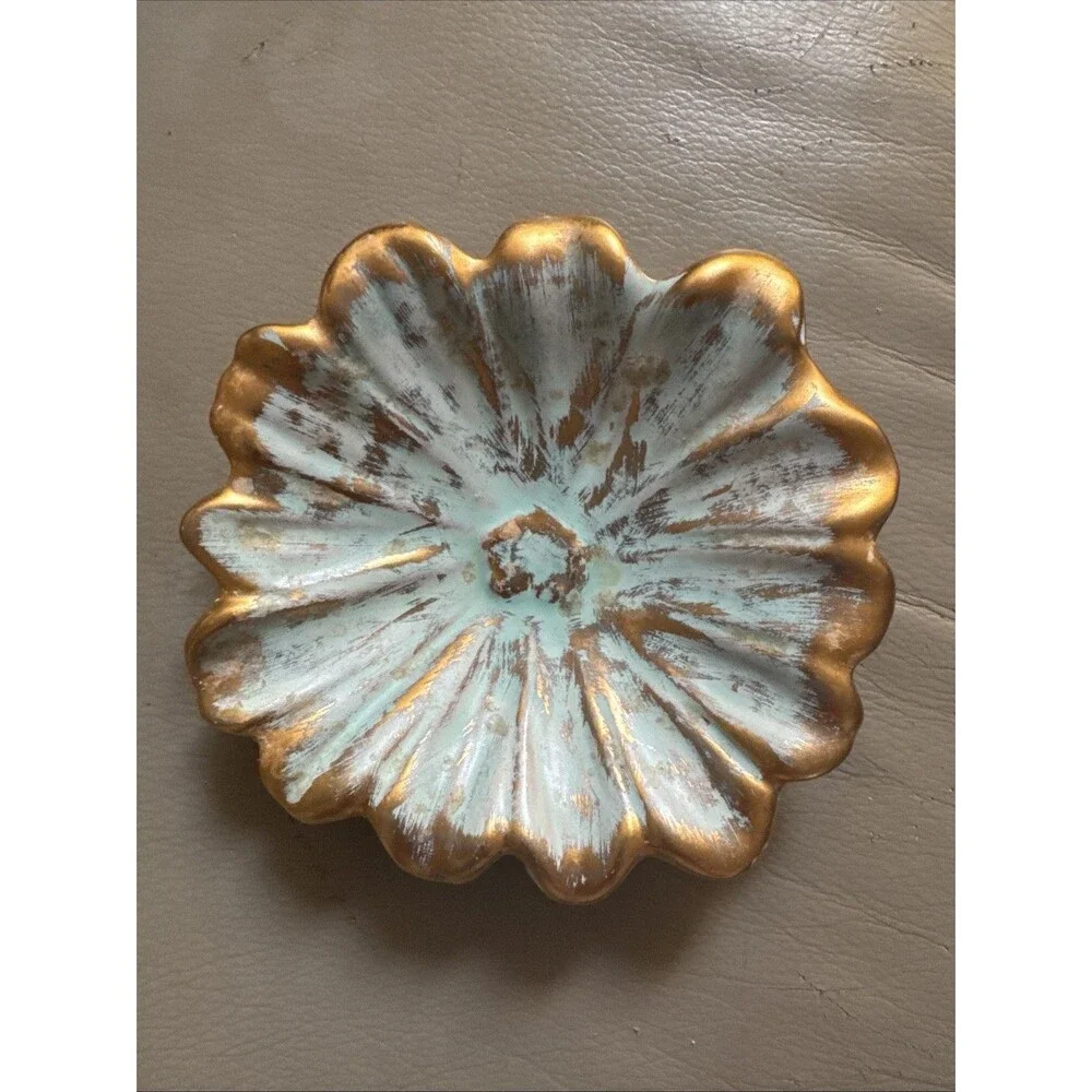 Vintage Stangl Pottery #4036 Flower Bowl Dish Antique Gold & Turquoise 22k Wash